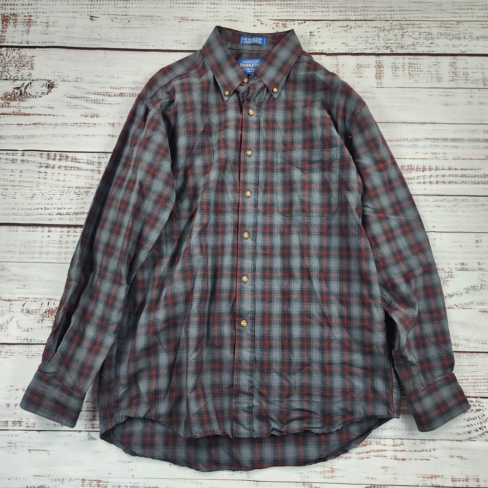 Pendleton Sir Pendleton Shirt Men's Gray Red Plaid Worsted Wool Button Down